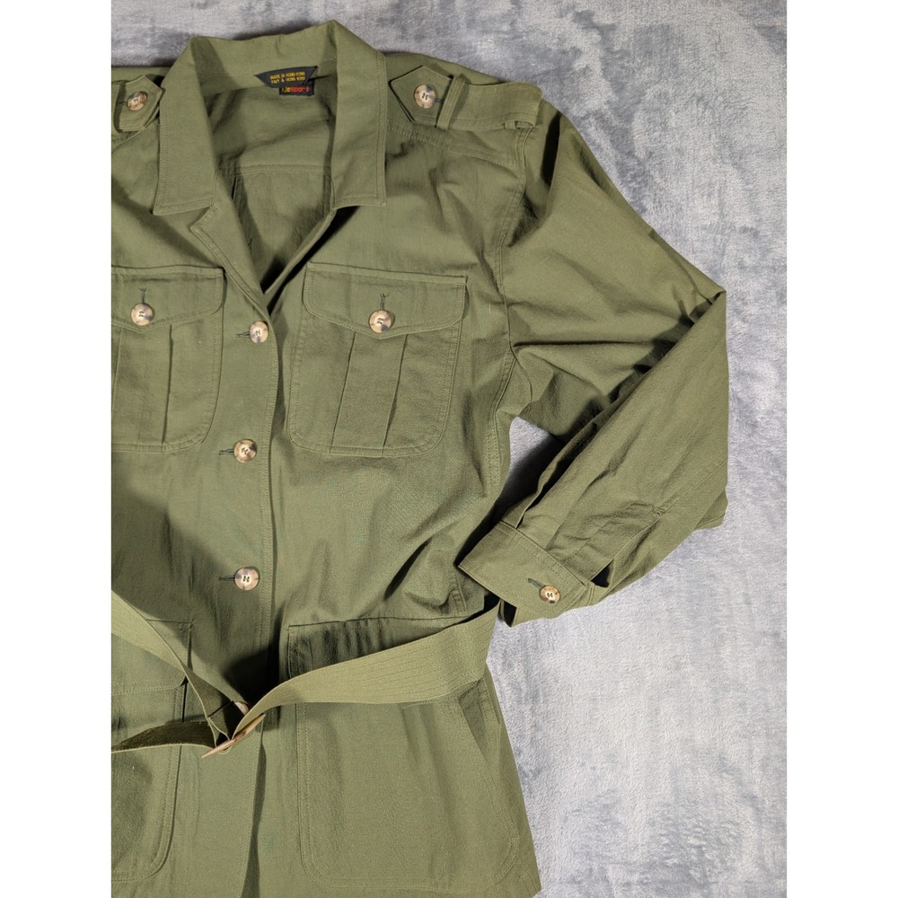 Vintage Lizsport Olive Green Cotton Belted Safari Utility Jacket Women's Large - Picture 2 of 11